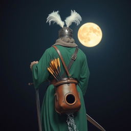 A tall man in full Islamic battle attire, clad entirely in rich green