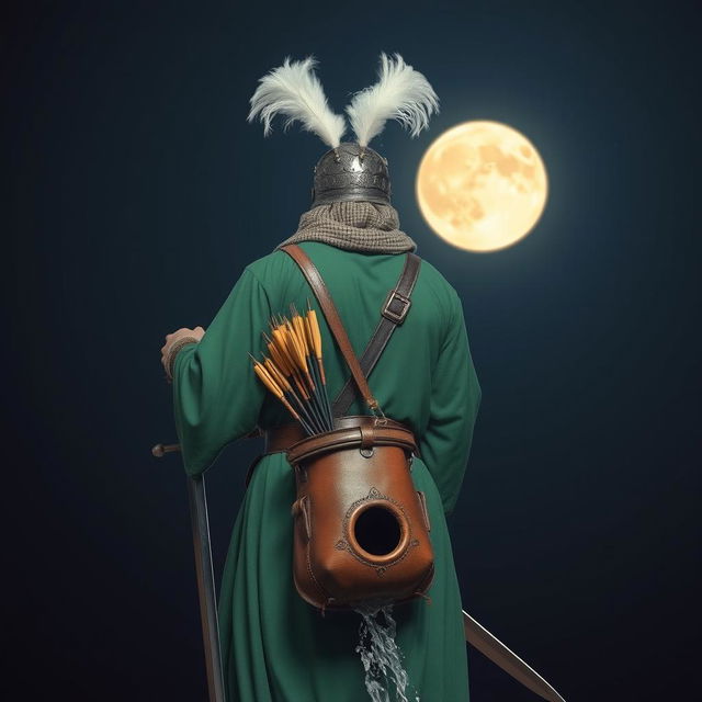 A tall man in full Islamic battle attire, clad entirely in rich green