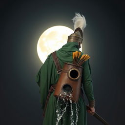 A tall man in full Islamic battle attire, clad entirely in rich green