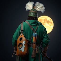 A tall man in full Islamic battle attire, clad entirely in rich green