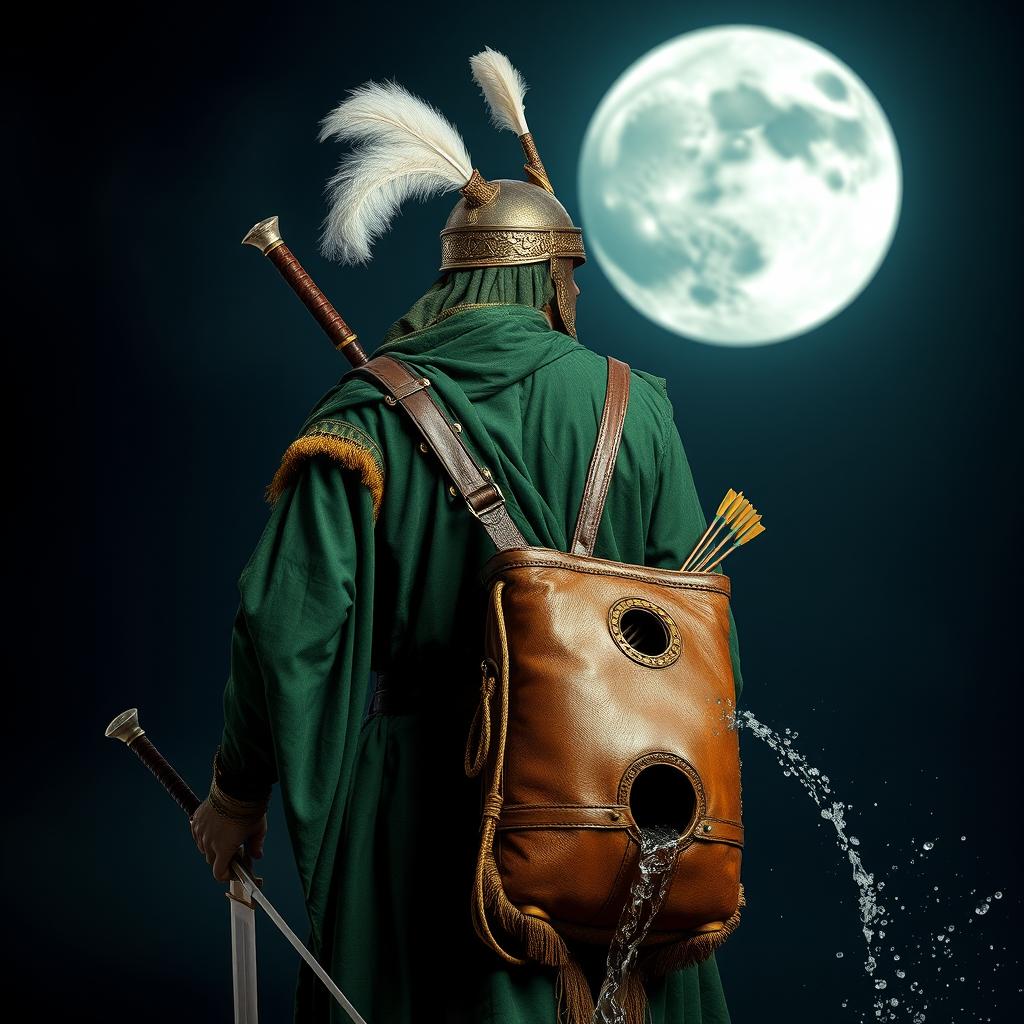 A tall man in full Islamic battle attire, clad entirely in rich green