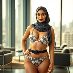 A full-body portrait of an Arab woman in a fashionable hijab, confidently wearing a stylish bikini that reflects a blend of cultural heritage and contemporary fashion