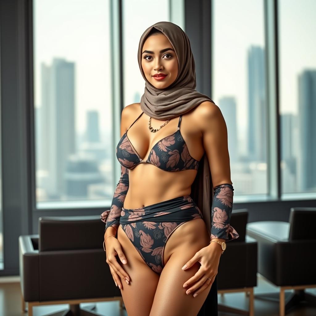 A full-body portrait of an Arab woman in a fashionable hijab, confidently wearing a stylish bikini that reflects a blend of cultural heritage and contemporary fashion