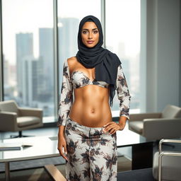 A full-body portrait of an Arab woman in a fashionable hijab, confidently wearing a stylish bikini that reflects a blend of cultural heritage and contemporary fashion