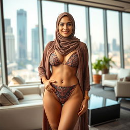 A full-body portrait of an Arab woman in a fashionable hijab, confidently wearing a stylish bikini that reflects a blend of cultural heritage and contemporary fashion