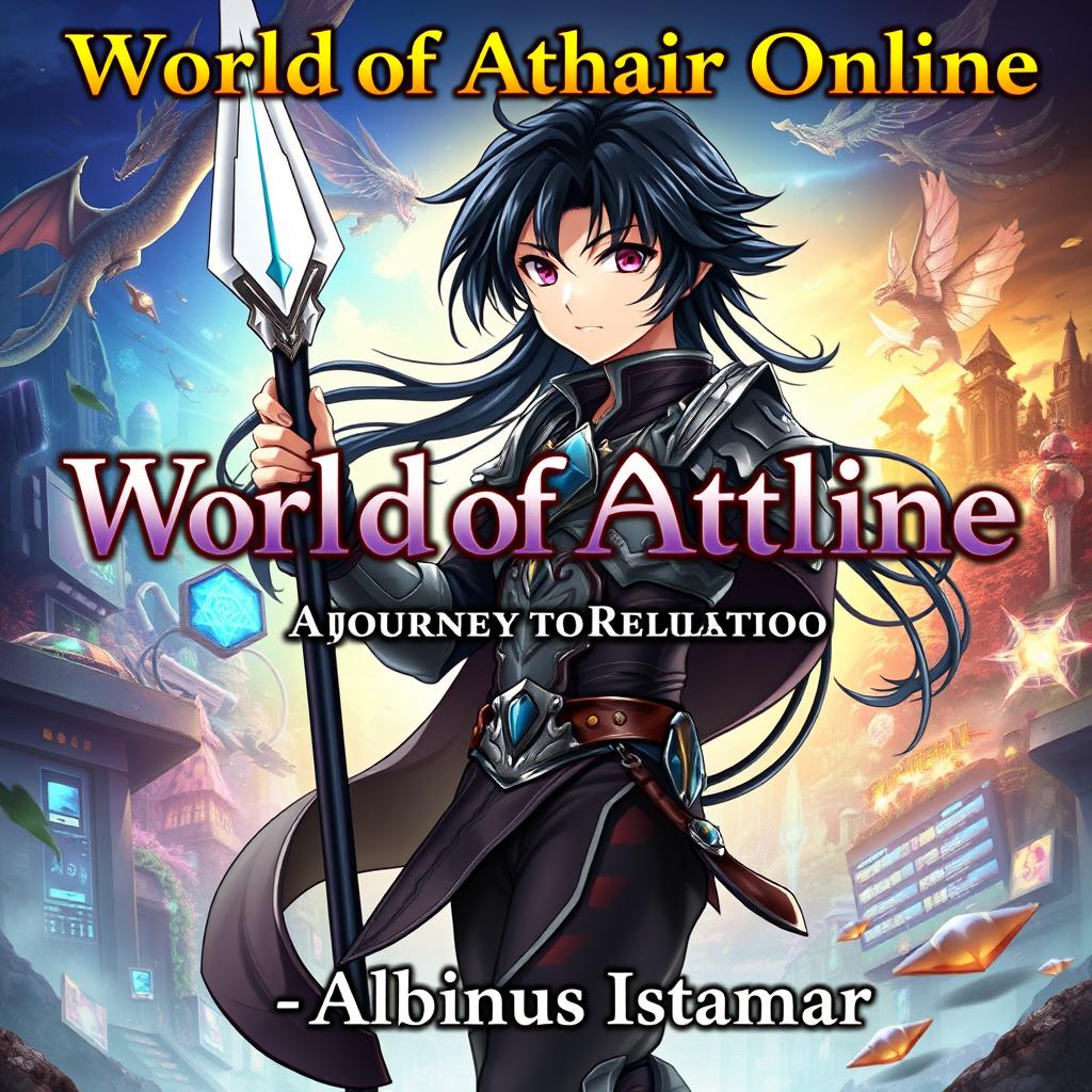 An anime-style cover image featuring a dark-haired boy with long flowing hair, dressed in detailed fantasy armor, holding a shimmering spear confidently