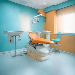 A dental unit with a bright and refreshing color scheme; a prominent orange dental chair, a sparkling white floor, and the remainder of the room in calm light-blue. The unit is equipped with state-of-the-art dental equipment.