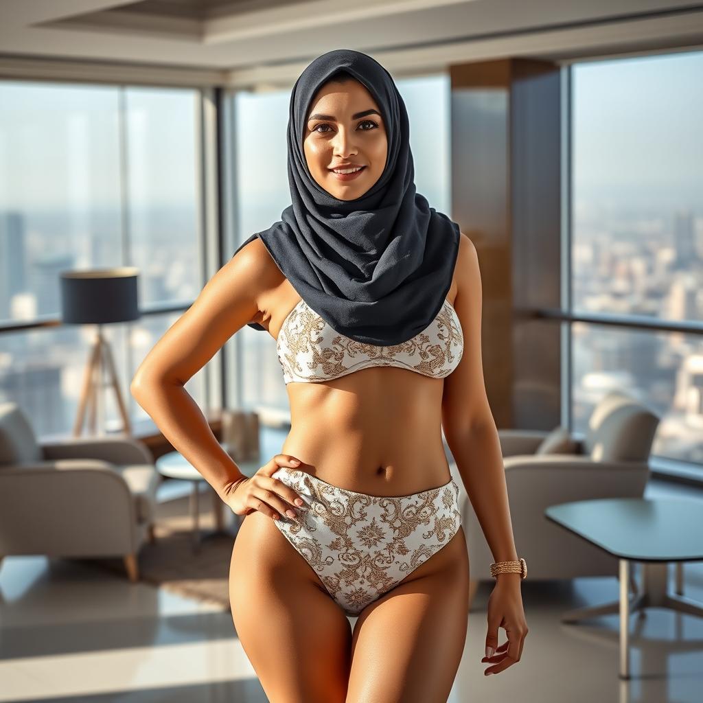 A full-body portrait of a Persian woman proudly wearing a stylish hijab, confidently showcasing a fashionable bikini that balances her cultural heritage with contemporary flair