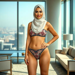 A full-body portrait of a Persian woman proudly wearing a stylish hijab, confidently showcasing a fashionable bikini that balances her cultural heritage with contemporary flair