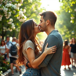 A romantic couple passionately embracing in a public park, showcasing an intimate kiss