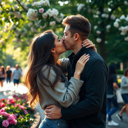 A romantic couple passionately embracing in a public park, showcasing an intimate kiss