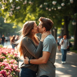 A romantic couple passionately embracing in a public park, showcasing an intimate kiss
