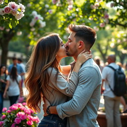 A romantic couple passionately embracing in a public park, showcasing an intimate kiss