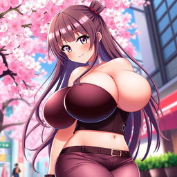 A voluptuous anime girl, featuring large breasts, designed in a vibrant anime style