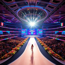 A stunning Miss Universe stage featuring an expansive and elegant design with long, flowing runways