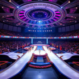 A stunning Miss Universe stage featuring an expansive and elegant design with long, flowing runways