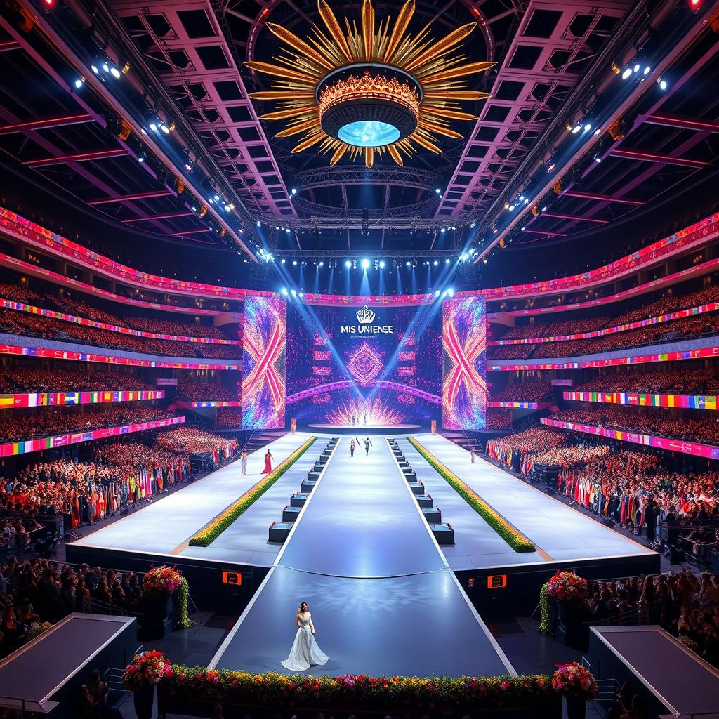 A stunning Miss Universe stage featuring an expansive and elegant design with long, flowing runways