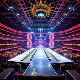 A stunning Miss Universe stage featuring an expansive and elegant design with long, flowing runways