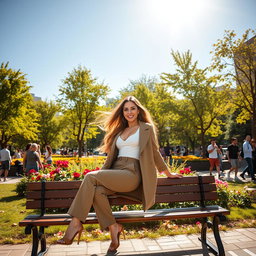 A scene in a vibrant urban park during the day, featuring a confident, stylish woman in a fashionable outfit, playfully showcasing her figure as she poses on a park bench