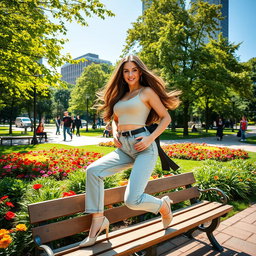 A scene in a vibrant urban park during the day, featuring a confident, stylish woman in a fashionable outfit, playfully showcasing her figure as she poses on a park bench