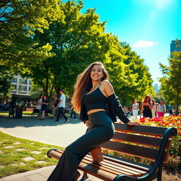 A scene in a vibrant urban park during the day, featuring a confident, stylish woman in a fashionable outfit, playfully showcasing her figure as she poses on a park bench