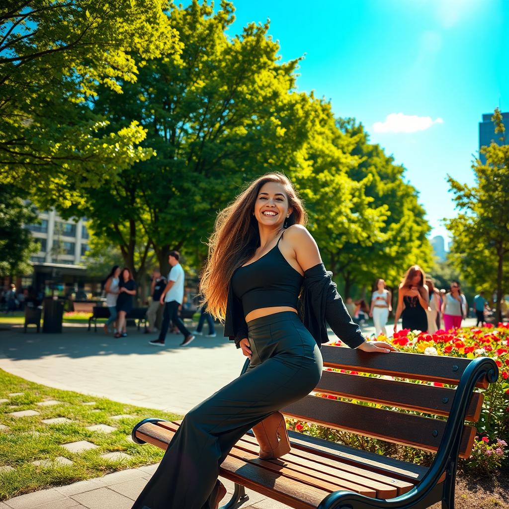 A scene in a vibrant urban park during the day, featuring a confident, stylish woman in a fashionable outfit, playfully showcasing her figure as she poses on a park bench