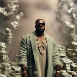 Kanye West in luxurious Gucci outfit surrounded by ethereal smoke and piles of money.