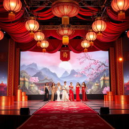 A breathtaking Miss Universe stage designed with Chinese cultural inspiration, featuring intricate red and gold decorations, elegant silk drapes, and ornate lanterns hanging from above