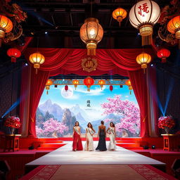 A breathtaking Miss Universe stage designed with Chinese cultural inspiration, featuring intricate red and gold decorations, elegant silk drapes, and ornate lanterns hanging from above