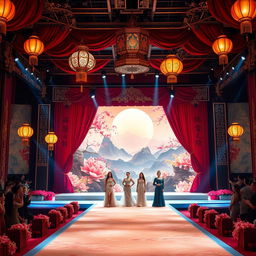 A breathtaking Miss Universe stage designed with Chinese cultural inspiration, featuring intricate red and gold decorations, elegant silk drapes, and ornate lanterns hanging from above