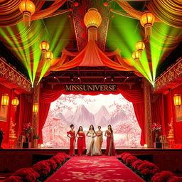 A breathtaking Miss Universe stage designed with Chinese cultural inspiration, featuring intricate red and gold decorations, elegant silk drapes, and ornate lanterns hanging from above