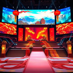 A spectacular Miss Universe stage inspired by Chinese culture, featuring large, vibrant LED screens displaying stunning visuals of traditional Chinese art and landscapes