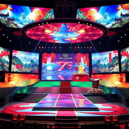 A spectacular Miss Universe stage inspired by Chinese culture, featuring large, vibrant LED screens displaying stunning visuals of traditional Chinese art and landscapes