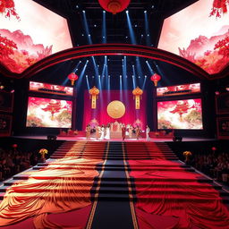 A spectacular Miss Universe stage inspired by Chinese culture, featuring large, vibrant LED screens displaying stunning visuals of traditional Chinese art and landscapes