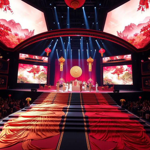 A spectacular Miss Universe stage inspired by Chinese culture, featuring large, vibrant LED screens displaying stunning visuals of traditional Chinese art and landscapes