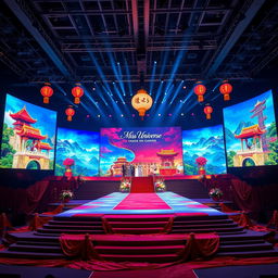 A spectacular Miss Universe stage inspired by Chinese culture, featuring large, vibrant LED screens displaying stunning visuals of traditional Chinese art and landscapes
