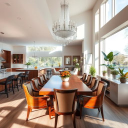 A spacious and modern kitchen dining area, featuring a large wooden dining table surrounded by elegant chairs, with a stunning chandelier hanging above