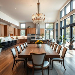 A spacious and modern kitchen dining area, featuring a large wooden dining table surrounded by elegant chairs, with a stunning chandelier hanging above