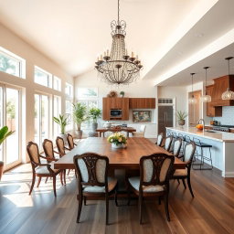 A spacious and modern kitchen dining area, featuring a large wooden dining table surrounded by elegant chairs, with a stunning chandelier hanging above