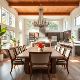 A spacious and modern kitchen dining area, featuring a large wooden dining table surrounded by elegant chairs, with a stunning chandelier hanging above