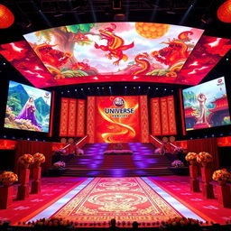An impressive Miss Universe stage inspired by Chinese culture, showcasing large, dynamic LED screens featuring colorful visuals of Chinese art and landscapes