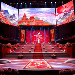 An impressive Miss Universe stage inspired by Chinese culture, showcasing large, dynamic LED screens featuring colorful visuals of Chinese art and landscapes