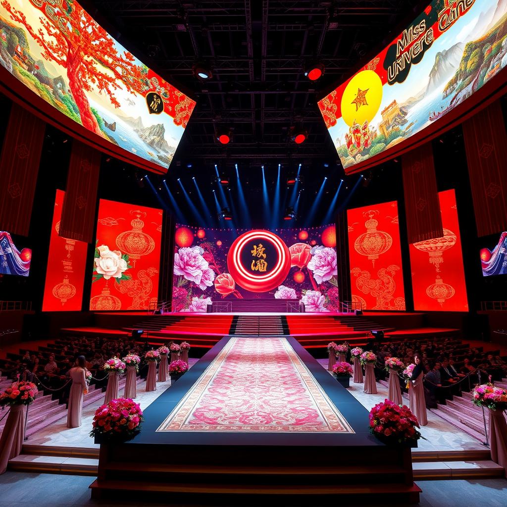 An impressive Miss Universe stage inspired by Chinese culture, showcasing large, dynamic LED screens featuring colorful visuals of Chinese art and landscapes