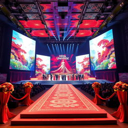 An impressive Miss Universe stage inspired by Chinese culture, showcasing large, dynamic LED screens featuring colorful visuals of Chinese art and landscapes