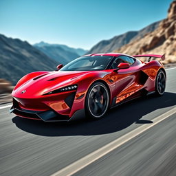 A sleek and modern sports car designed for high performance, featuring a shiny red exterior with aerodynamic curves, aggressive lines, and a low profile