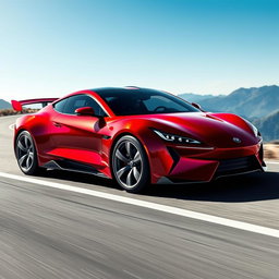 A sleek and modern sports car designed for high performance, featuring a shiny red exterior with aerodynamic curves, aggressive lines, and a low profile
