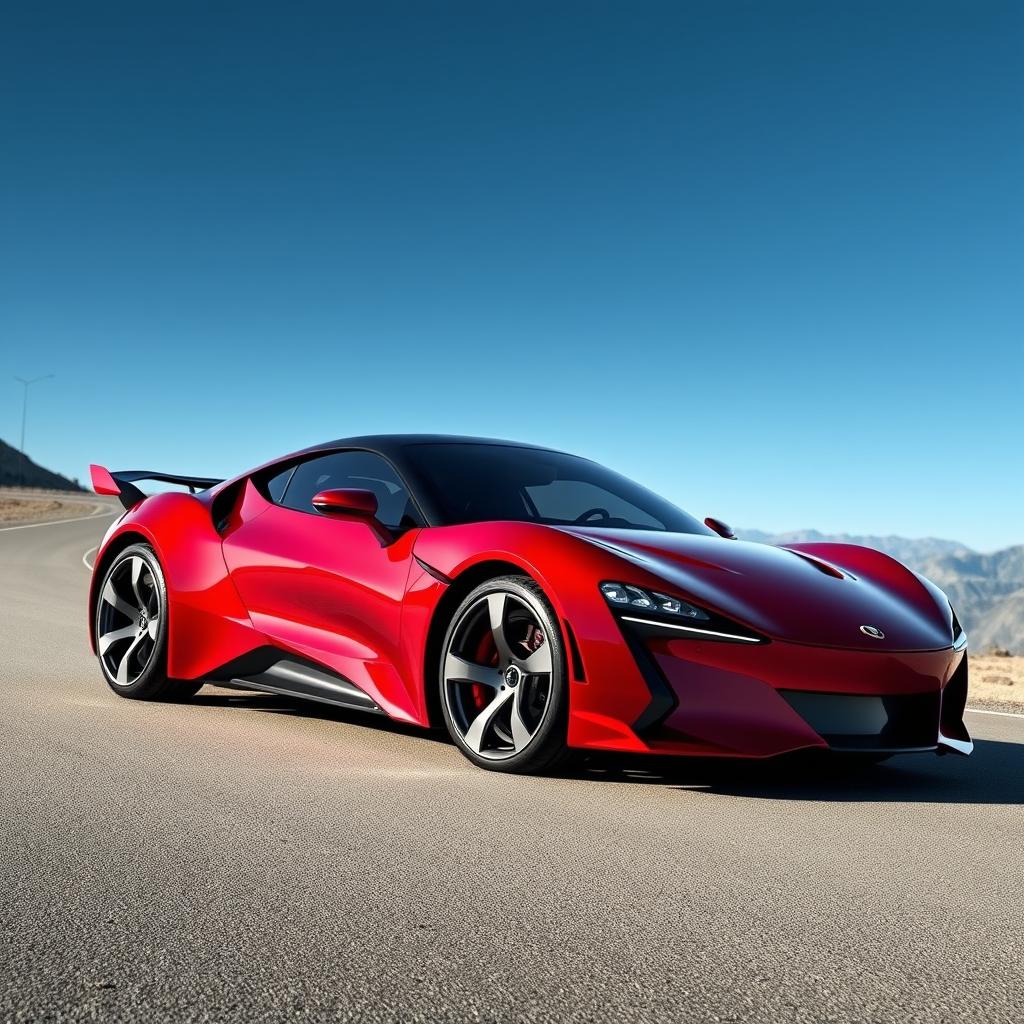 A sleek and modern sports car designed for high performance, featuring a shiny red exterior with aerodynamic curves, aggressive lines, and a low profile