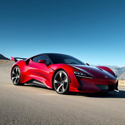 A sleek and modern sports car designed for high performance, featuring a shiny red exterior with aerodynamic curves, aggressive lines, and a low profile