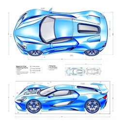 A detailed blueprint design of a sleek and modern sports car, showcasing the car's innovative aerodynamic shape, sharp edges, and muscular stance