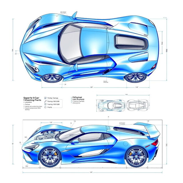 A detailed blueprint design of a sleek and modern sports car, showcasing the car's innovative aerodynamic shape, sharp edges, and muscular stance
